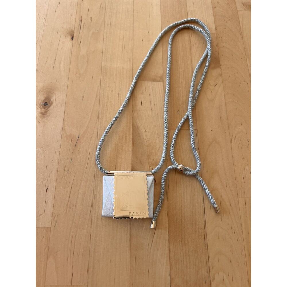Lanvin White Leather Envelope Necklace Gold Plated Brass Stamp Adjustable - Picture 9 of 10
